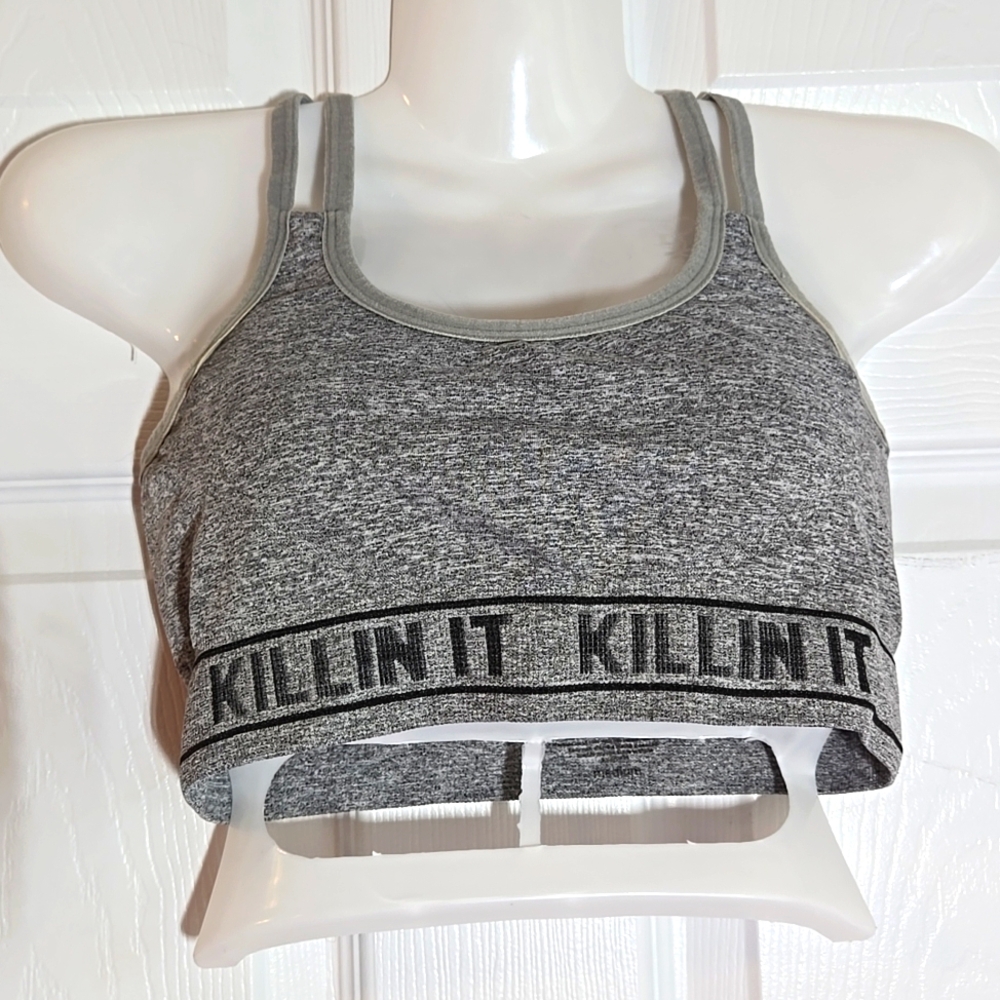True Heathered Gray "Killing It" Ring Strappy Back Sports Bra Size Medium
